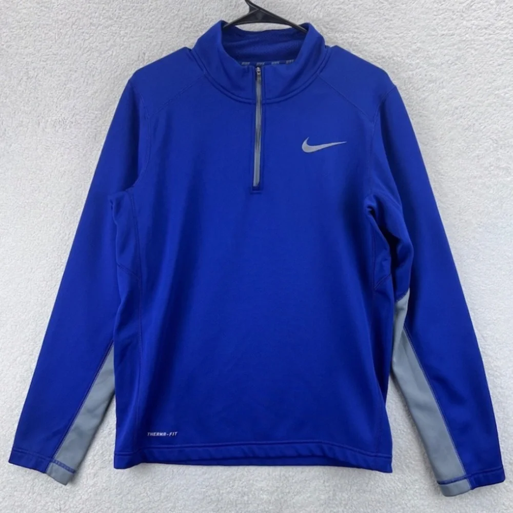 Nike Therma Fit Blue and Gray Mock Neck Colorblock Swoosh 1/4 Zip Fleece